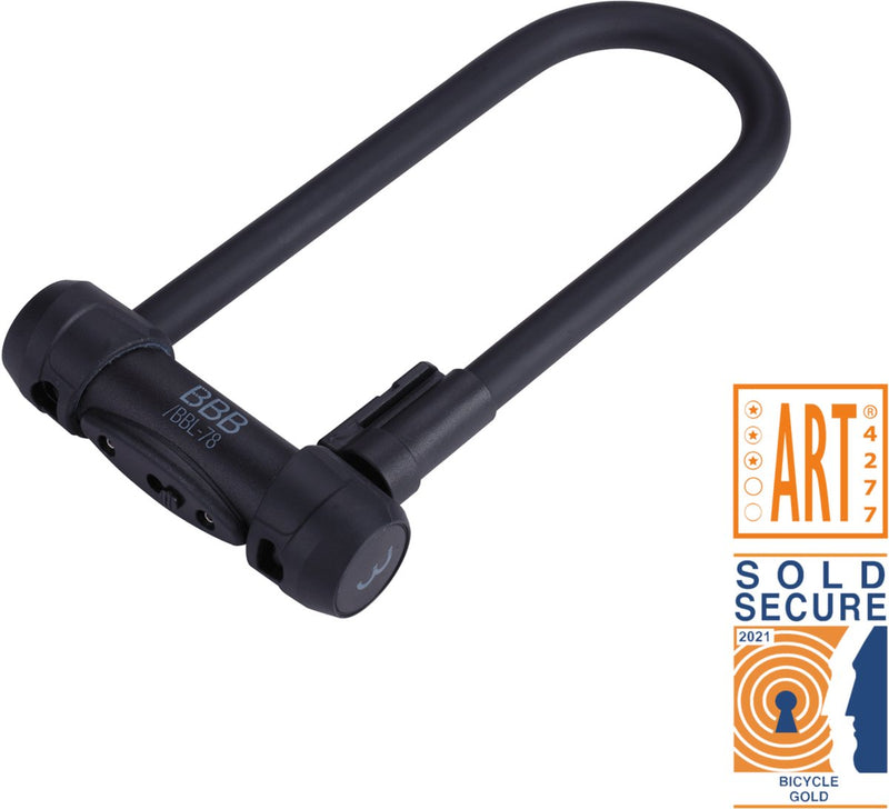 Lucchetto per bicicletta Bbb cycling art 3 con supporto - venduto con certificazione Secure Gold - Lucchetto a U adatto per bicicletta elettrica, city bike, bici da corsa - nero - 29,5 x 14,1 cm - secure u bbl-78