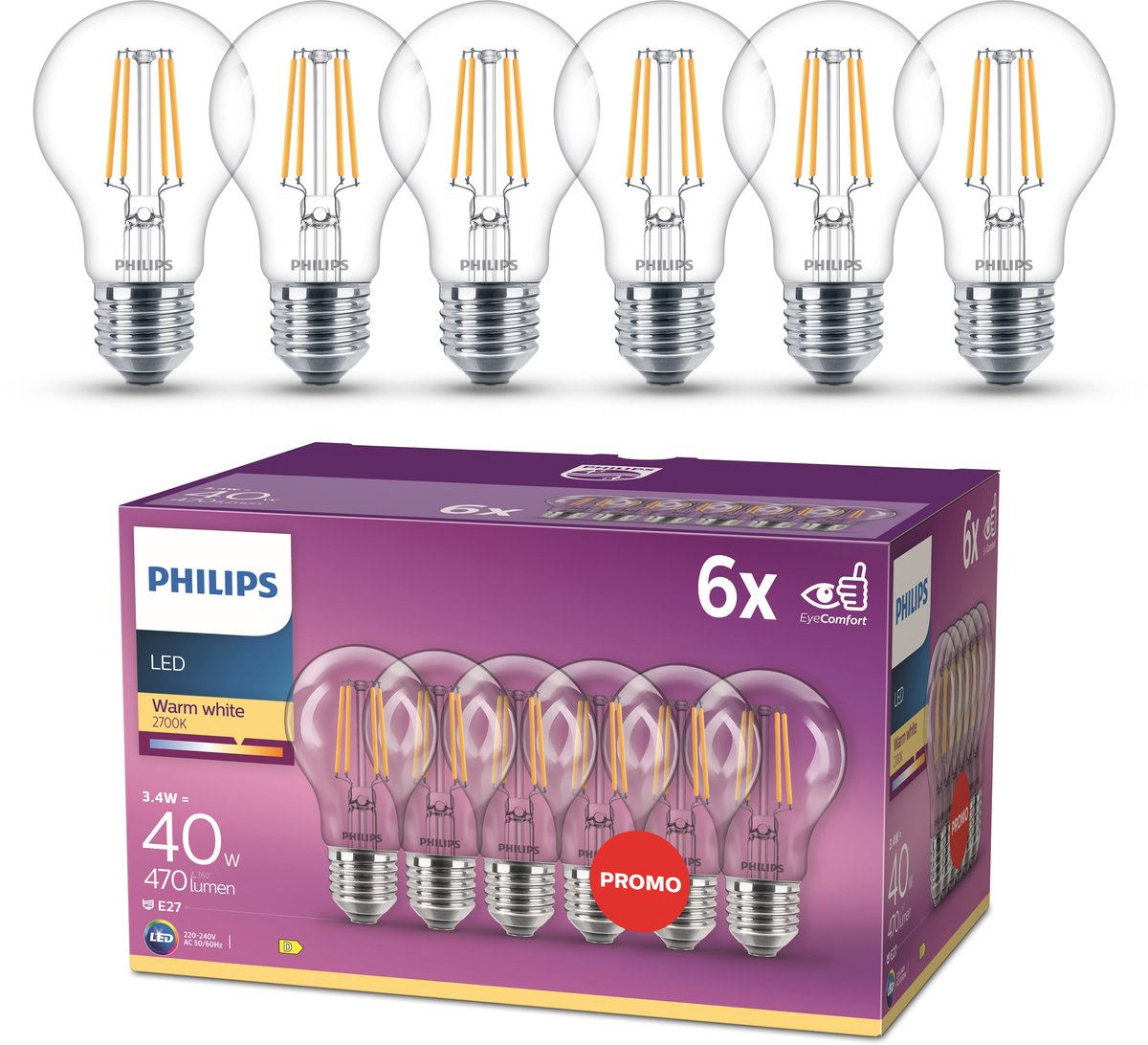 Philips led lamp - standaard lampvorm met e27 fitting - warmwit licht: 2700k - 40w - helder glas - 6-pack
