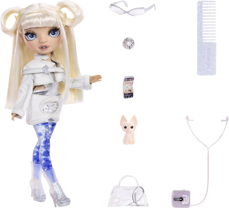 Muñeca Whitney de alto brillo y brillo arcoíris con mágicas burbujas de aire en las piernas, pelo blanco, muñeca fashion de 28 cm