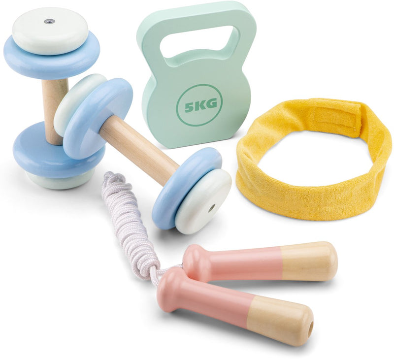 Woet ® set de fitness de madera para niños - set de juguetes con 5 piezas - incluye pesas, cuerda para saltar y cinta para el pelo - FSC - deportes de rol - a partir de 3 años