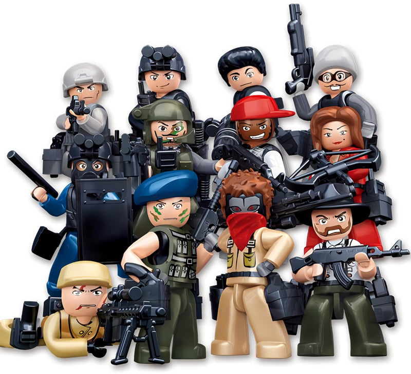 Sluban m38-b0583 minifigure agenti di polizia e criminali serie | 1 di 12 personaggi da collezione giocattolo casuali | soldati dell'esercito con set di armi | bambole action figure in sacchetto di plastica