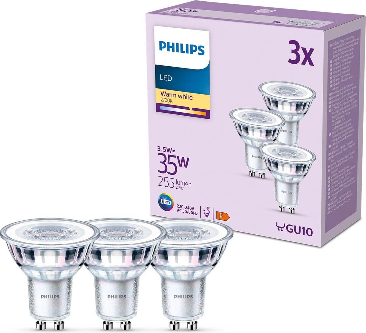 Spot LED Philips - 35 w - gu10 - luce bianca calda - 3 pezzi