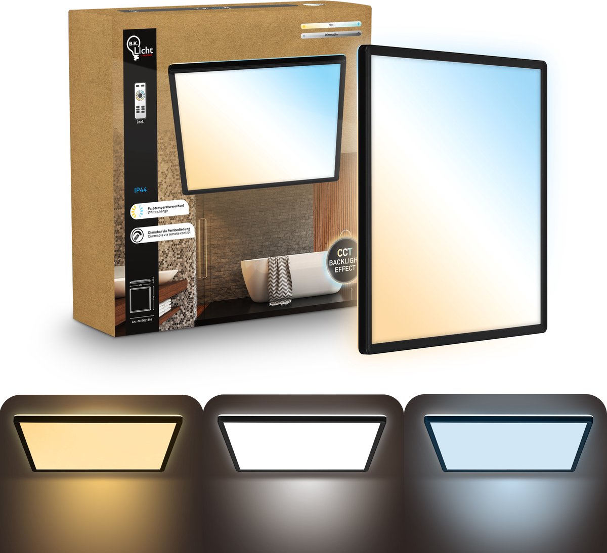 B.K.licht superficiale - lampada da soffitto dimmerabile per bagno - lampada da soffitto con telecomando - illuminazione da bagno con CCT - ip44 - 42 x 42 cm - nero