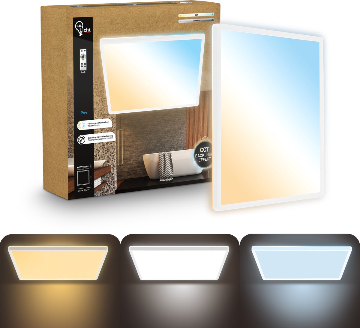 B.K.licht superficiale - lampada da soffitto dimmerabile per bagno - lampada da soffitto con telecomando - illuminazione da bagno con CCT - ip44 - 42 x 42 cm - bianco