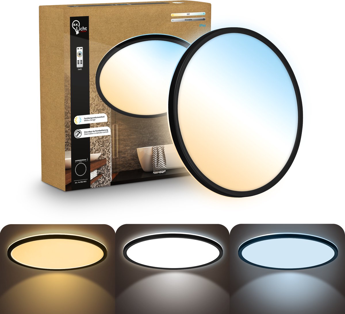 B.K.licht superficiale - lampada da soffitto dimmerabile per bagno - lampada da soffitto con telecomando - illuminazione da bagno con CCT - ip44 - ø42 - nero