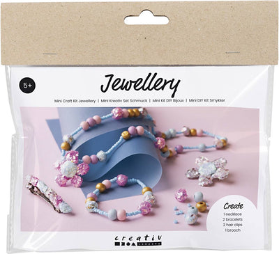 Creativ company mini hobby set jewelry, necklace, bracelet, clips, brooch, blue, light blue, pastel pink, 1 box