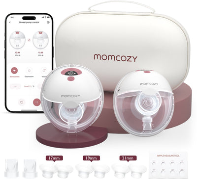 Momcozy m5 smart – tiralatte a mani libere – 2 pezzi – elettrico – compatto silenzioso – con inserti per coppa per il seno – bianco rosso