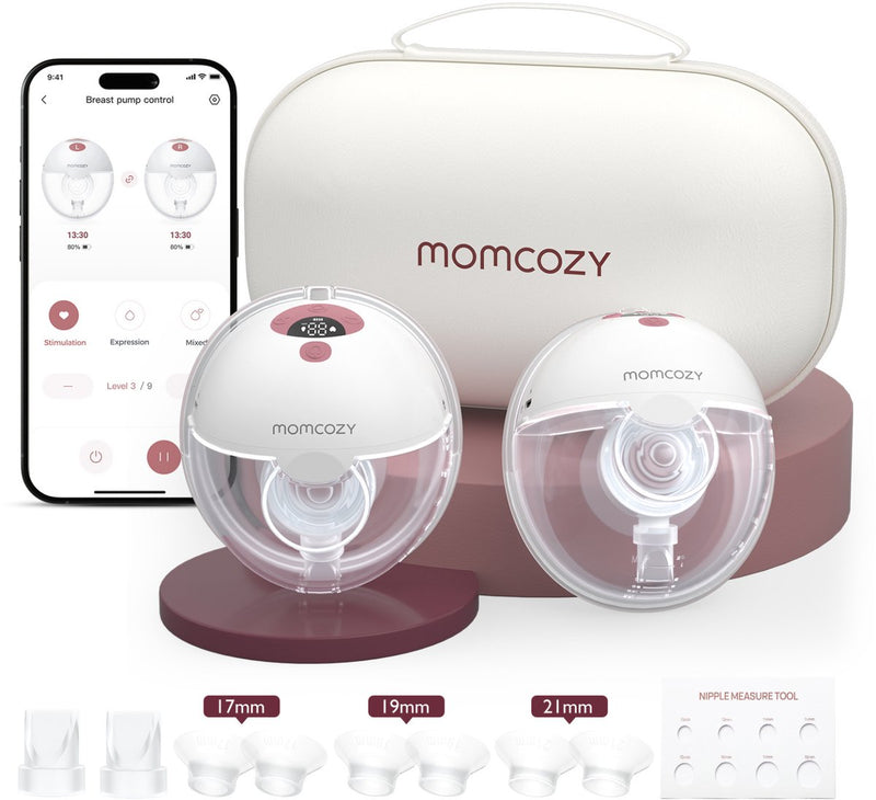 Momcozy m5 smart – extractor de leche manos libres – 2 piezas – eléctrico – compacto silencioso – con inserciones de protector de pecho – blanco rojo
