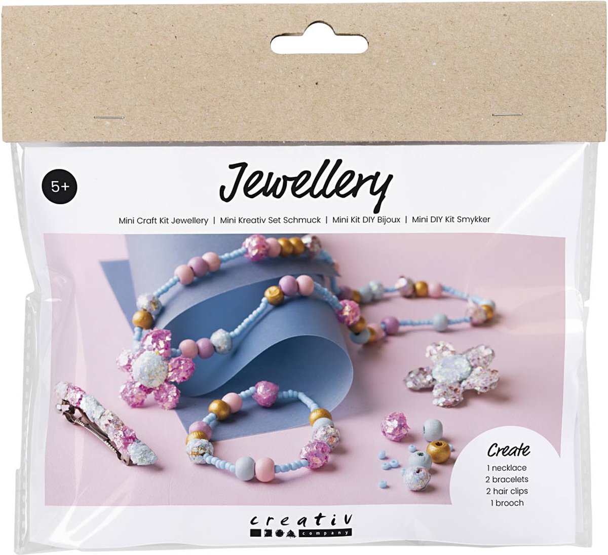 Mini set hobby di Creativ Company gioielli, collana, braccialetto, clip, spilla, blu, azzurro, rosa pastello, 1 scatola