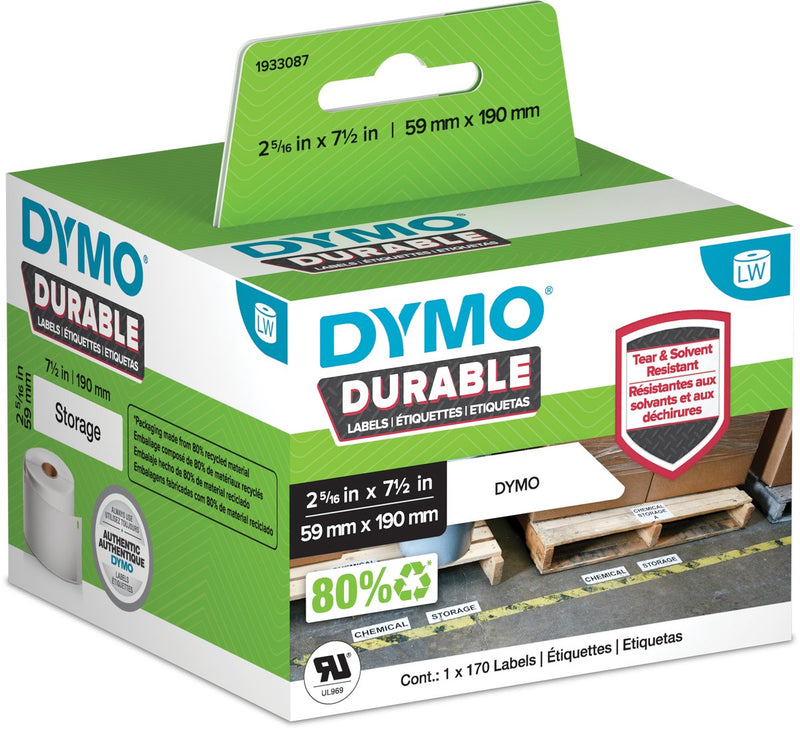 Etichette labelwriter sostenibili originali Dymo | 59 mm x 190 mm | poliestere bianco | 170 etichette adesive grandi | etichette robuste per le stampanti per etichette labelwriter