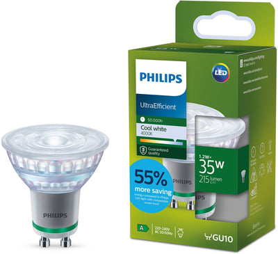 Philips LED Spot LED ultraefficiente Philips - 35W - attacco Gu10 - luce bianca fredda: 4000k - consuma solo 1,2 Watt - risparmia sui costi energetici