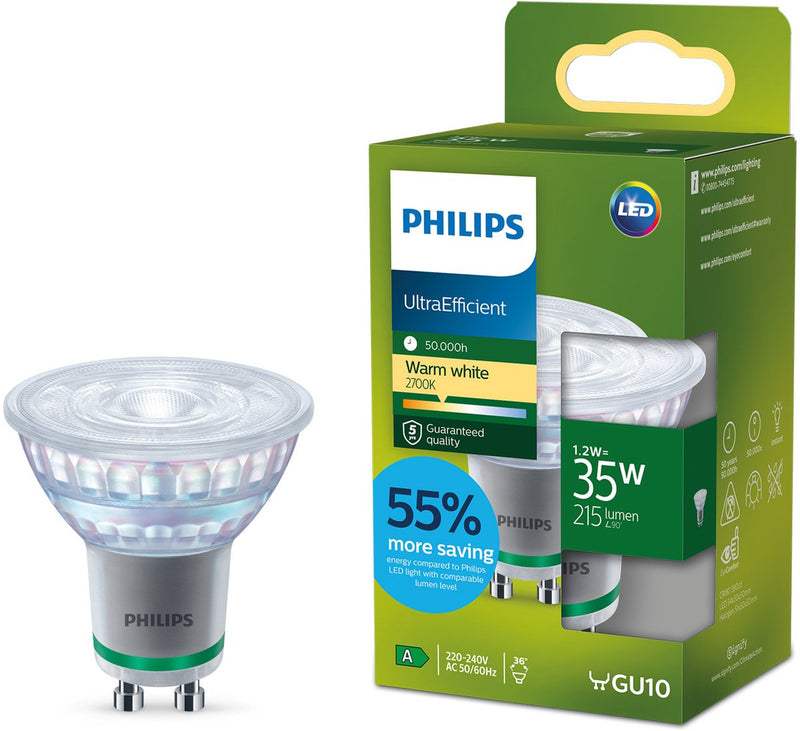 Philips LED Spot LED ultraefficiente Philips - 35W - attacco Gu10 - luce bianca calda: 2700k - consuma solo 1,2 Watt - risparmia sui costi energetici