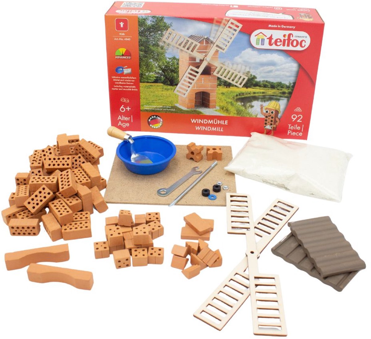 Teifoc ® construction box – windmill building set – 100 parts – real mini bricks with cement, bowl and trowel – building kit for children from 6 years