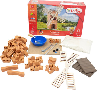 Caja de construcción Teifoc ® – Juego de construcción de molino de viento – 100 piezas – Mini ladrillos reales con cemento, cuenco y paleta – Kit de construcción para niños a partir de 6 años