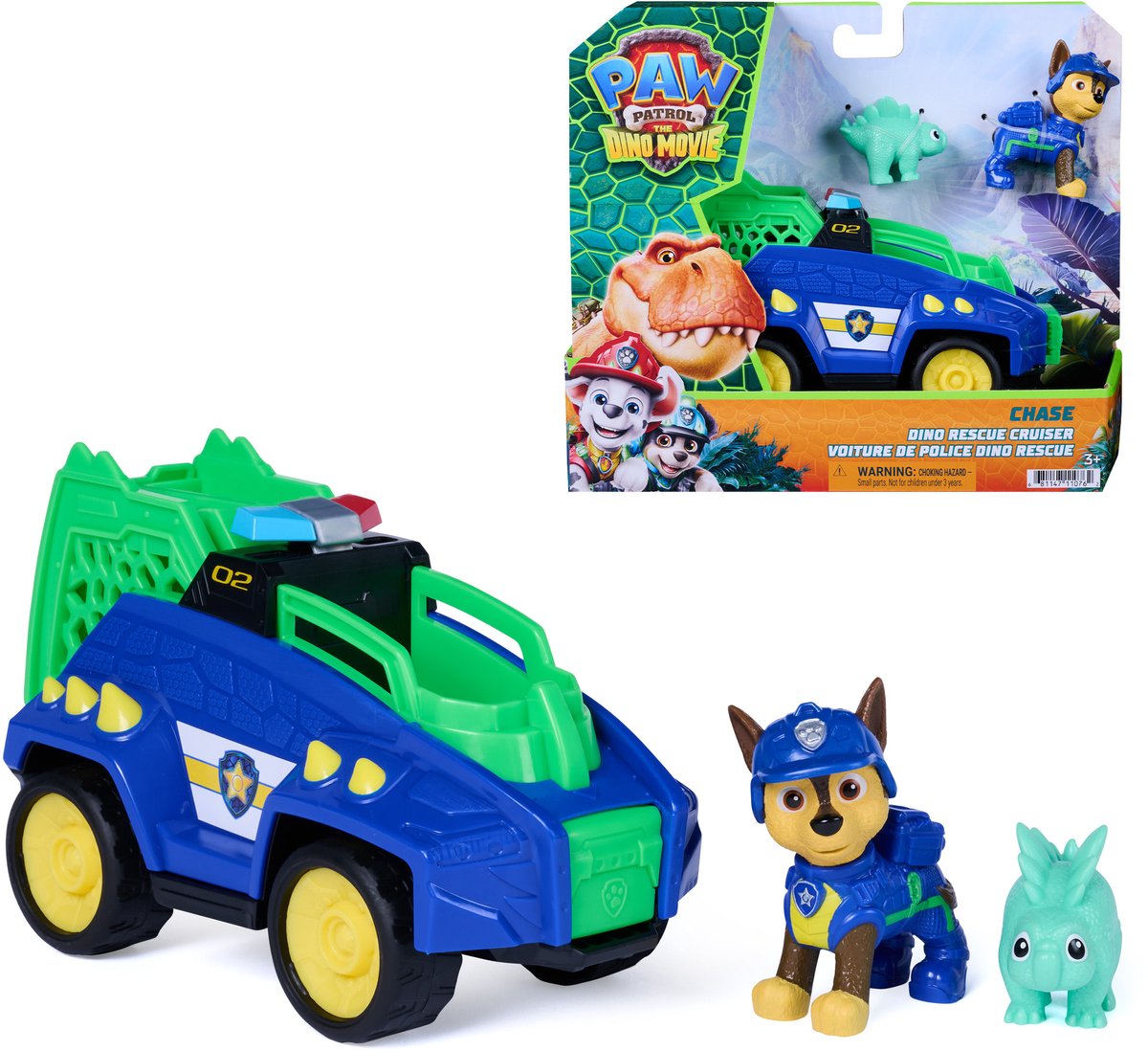 Patrulla Canina - La película de dinosaurios - Crucero de rescate Chase Dino con garra accionada por resorte y 2 figuras de acción.