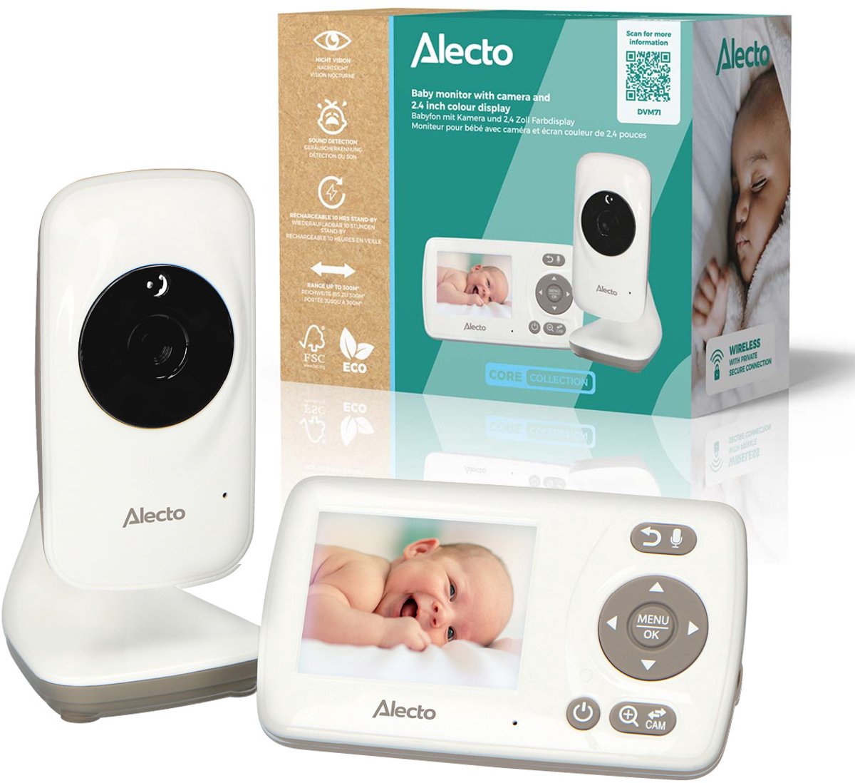 Vigilabebés Alecto con cámara - dvm71 - nueva versión - visión nocturna - ahorro de energía y ampliable - blanco
