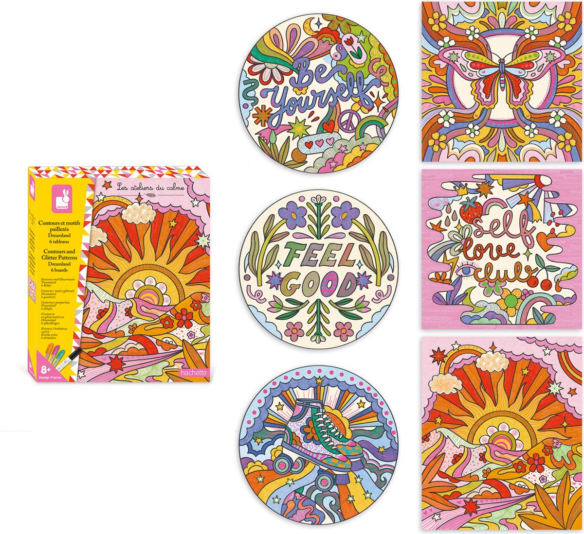 Janod les ateliers du calme - dreamland glittering contours and patterns - 6 paintings to decorate with lines and patterns - suitable from 8 years