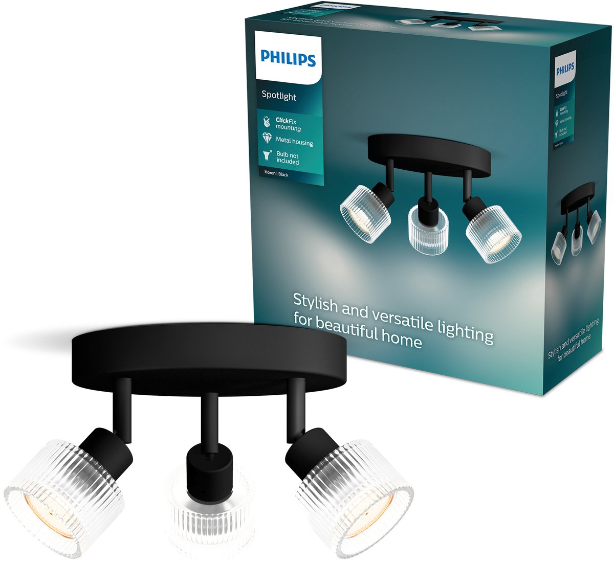 Philips horen opbouwspot - led gu10 fitting - richtbaar - 3 lichtpunten - ronde basisplaat - clickfix - zwart met geribbeld glas