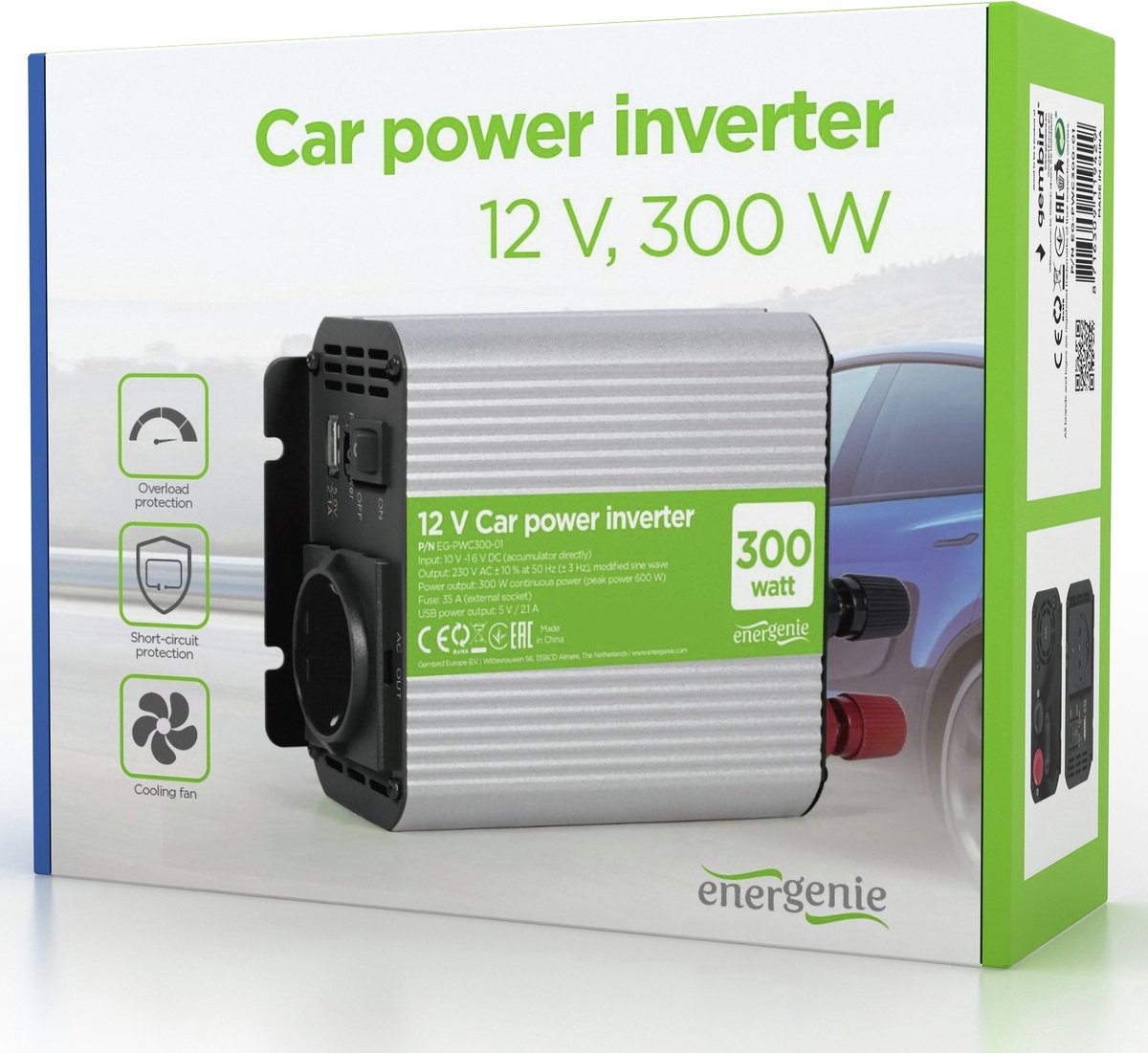 Energenie inverter per auto 12v > 220v - 300w - presa + 1 USB - eg-pwc300-01