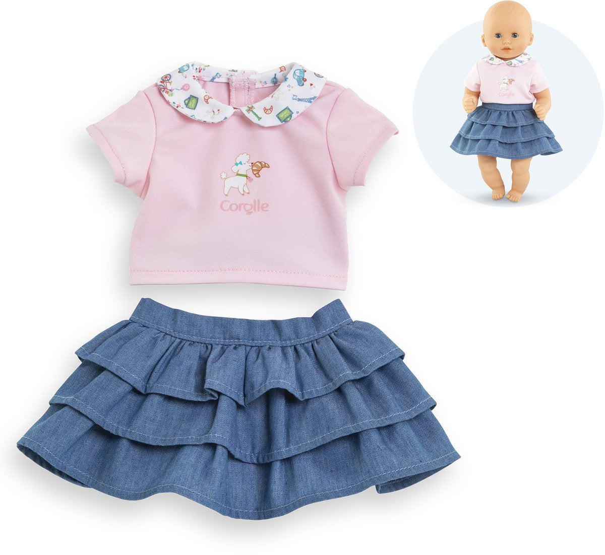 Gonna corolle con volant e maglietta per bambola per bambini, 30 cm.