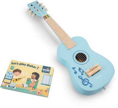 Chitarra giocattolo in legno Woet ® con tracolla - blu con note musicali - strumento giocattolo - la mia prima chitarra con libretto di musica - suona la chitarra per bambini - a partire da 3 anni