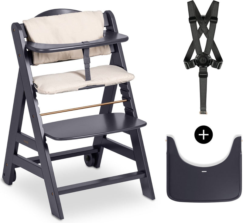 Set seggiolone Hauck beta+ - certificato FSC® - legno - comprese ruote e tavolino in legno - grigio scuro