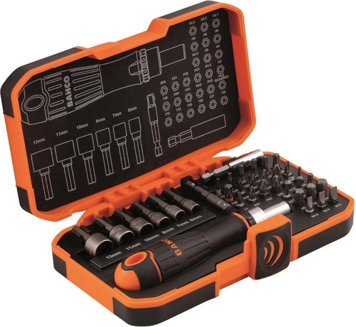 Set di punte Bahco 59 s36bcr | 59 s36bcr - Set inserti da 36 pezzi con cacciavite a cricchetto 1 4
