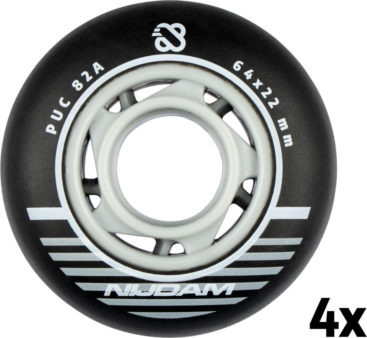 Set ruote per pattini in linea Nijdam - 64x24 mm - 4 pezzi - nero - nero argento bianco