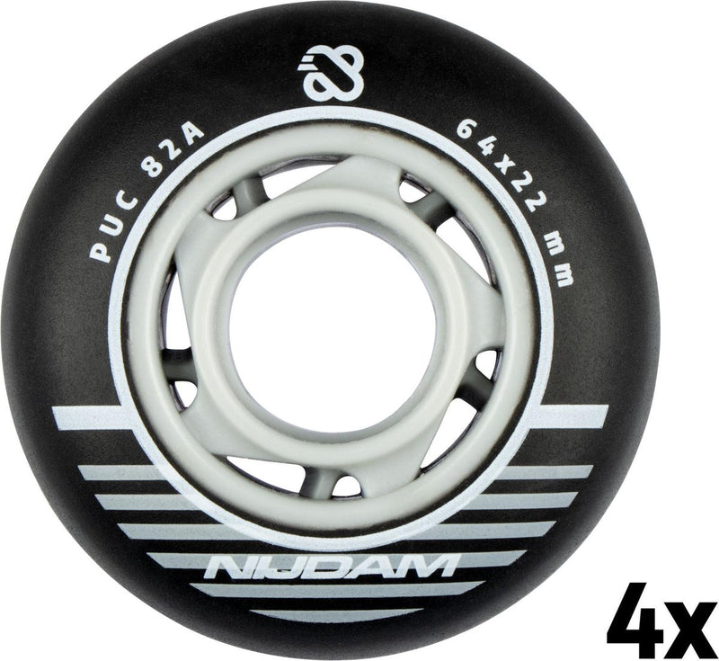 Set ruote per pattini in linea Nijdam - 64x24 mm - 4 pezzi - nero - nero argento bianco