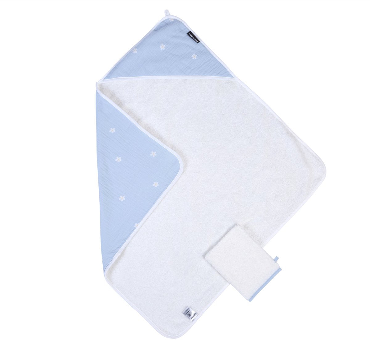 Capa de baño + toallita Childhome – colección flores – 80x80 cm – blanco azul – absorbente extra suave – 100% algodón