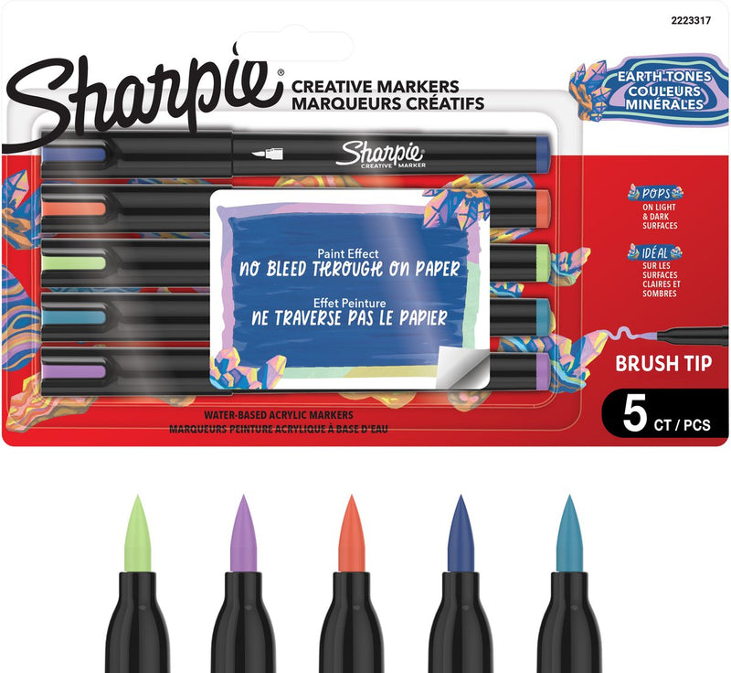 Pennarelli per pittura acrilica con pennarelli creativi Sharpie | pennarelli a vernice a base acqua | l'inchiostro non continua scrive sulla maggior parte delle superfici | punta del pennello | forniture per artigianato e arte | toni caldi | 5 pezzi