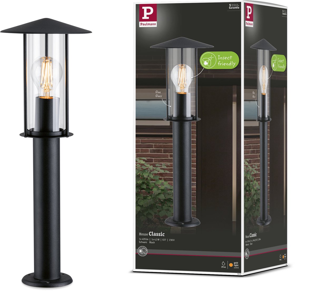Paulmann bolderlamp classic insectvriendelijk ip44 500 mm 2200k 4,3w 420lm 230v zwart e27 metaal