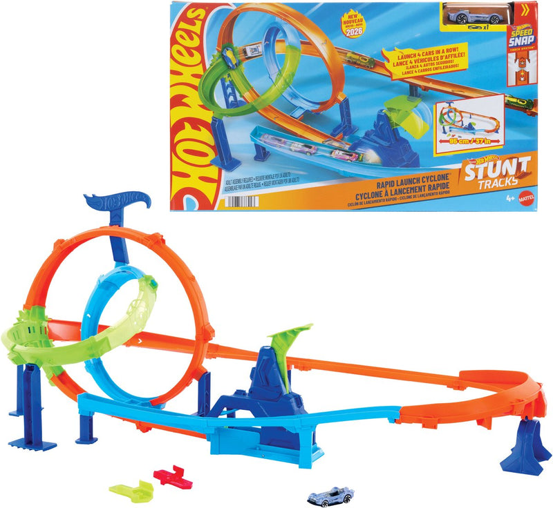 Mattel Hot Wheels Stunt Tracks Juego de pistas de ciclón de lanzamiento rápido y coche de juguete de metal