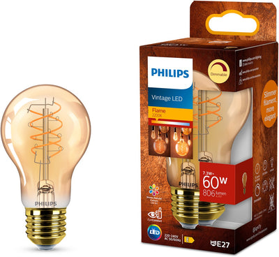 Philips LED Philips vintage LED - lampada dimmerabile - 60w - luce bianca extra calda: 2200k - attacco E27 - vetro ambrato - forma della lampada standard