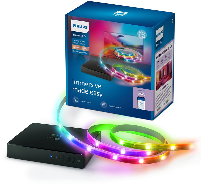Philips Lighting Philips Smart Lighting - Caja de sincronización HDMI 2.0 - 4K a 60Hz - incluye tira LED RGBIC para 55 a 65 televisores - sincroniza tu iluminación con tu pantalla - funciona con la aplicación Wiz - WiFi - kit de inicio de entretenimiento