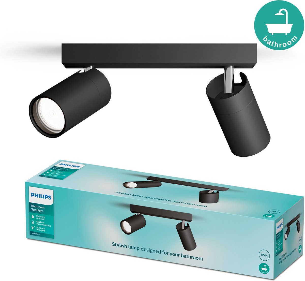 Philips Spot LED Philips Idris - antispruzzo IP44 - 5W - nero - lampada da bagno - due punti luce - adatto solo a faretti LED