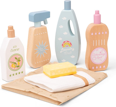 Juego de productos de limpieza para juguetes de madera Woet ® - Juego de limpieza de 7 piezas con botellas de toallitas - FSC - juego de rol educativo - a partir de 3 años
