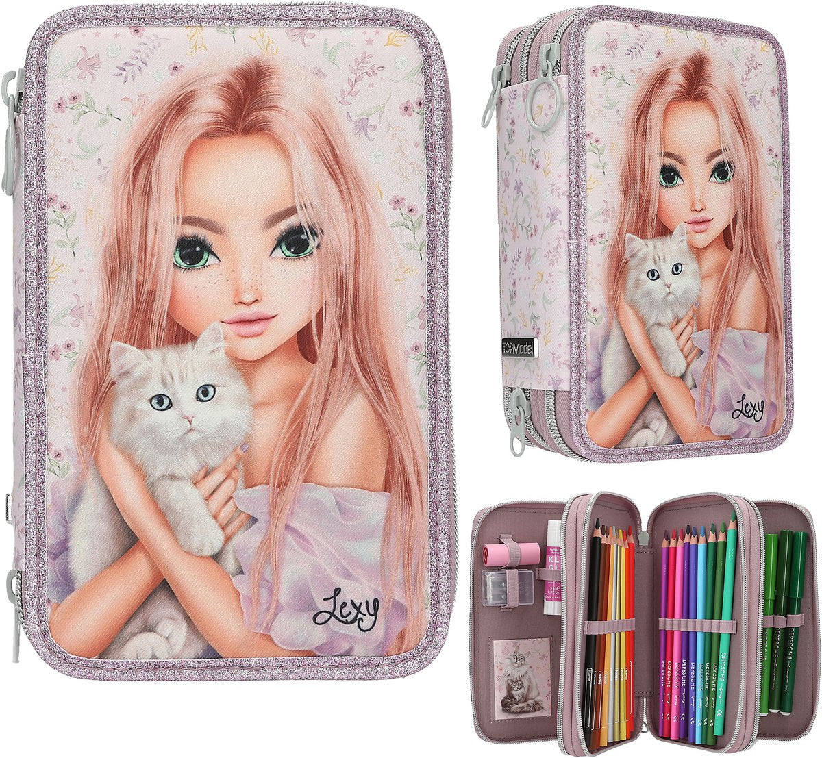 Depesche - estuche para lápices top model de 3 compartimentos - gatito floreciente