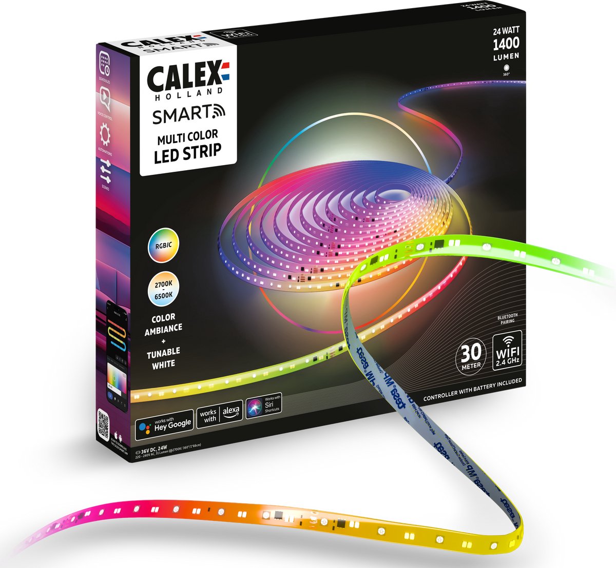 Calex smart led strip - 30m, rgbic+cctic, wifi bedienbaar, muzieksynchronisatie, binnengebruik, 1400 lumen, led lichtsnoer, smart verlichting