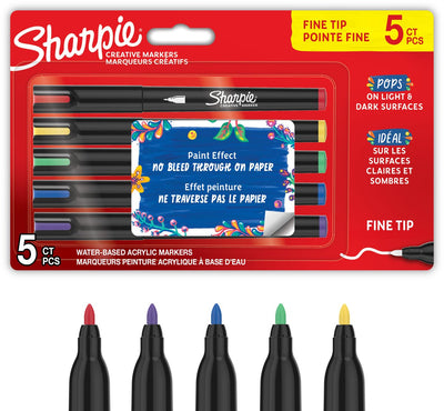 Sharpie creative marker acrylverf pennen | water-based verfmarkers | niet-doorlopende inkt schrijft op de meeste oppervlakken | fijne punt | knutsel- en kunstbenodigdheden | diverse kleuren | 5 stuks