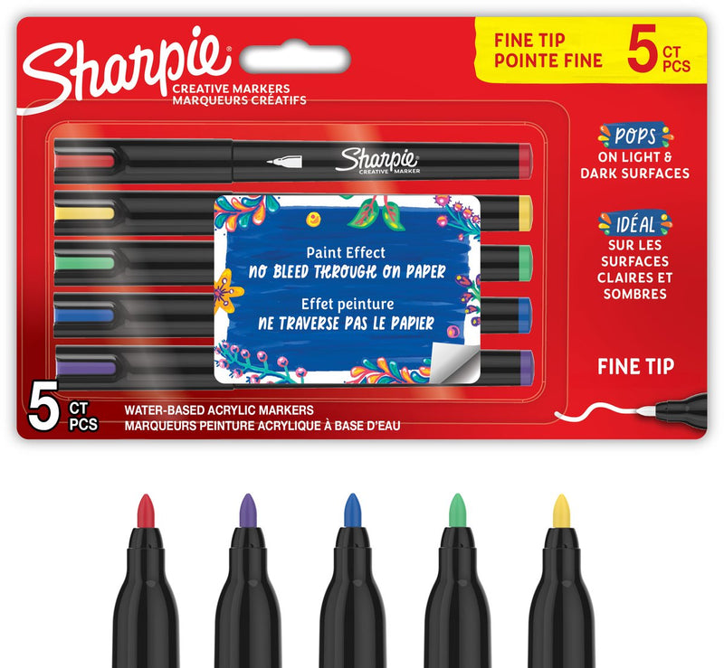 Pennarelli per pittura acrilica con pennarelli creativi Sharpie | pennarelli a vernice a base acqua | l'inchiostro non continua scrive sulla maggior parte delle superfici | bel punto | forniture per artigianato e arte | vari colori | 5 pezzi