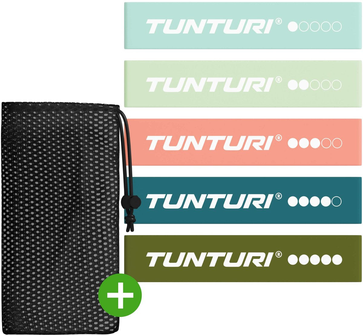 Set di 5 fasce di resistenza Tunturi - mini fascia per il corpo Power - fascia di resistenza - elastico fitness - fascia fitness - fascia da allenamento - fascia da ginnastica - incl. applicazione fitness gratuita