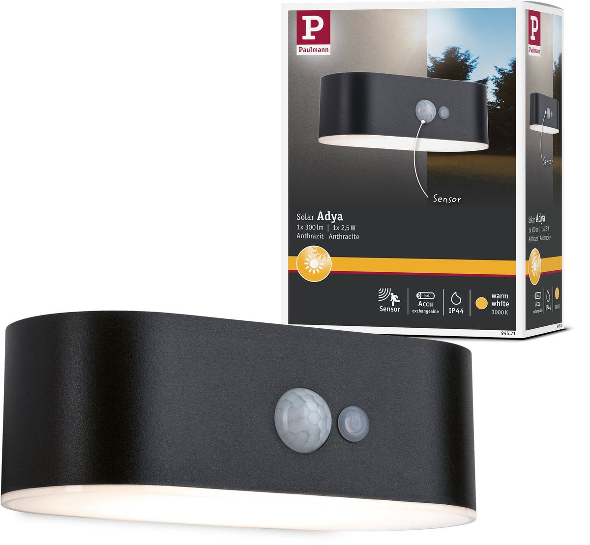 Paulmann aplique solar LED para exterior adya detector de movimiento IP44 3000K 200lm negro