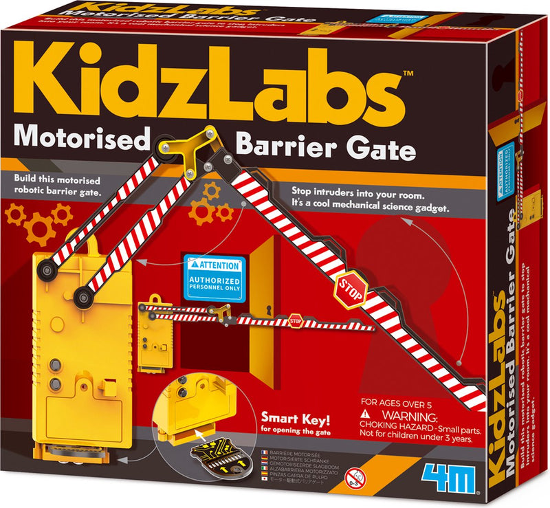 4m kidzlabs: barrera motorizada de 64cm, con llave inteligente para abrir la puerta, con instrucciones detalladas, funciona con 2 pilas aaa de 1,5v (no incluidas), en caja, 5+