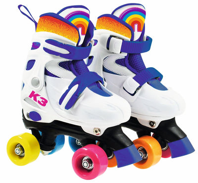 K3 - patines - talla 34 37 - ajustable en 4 tamaños - con tope - blanco - arcoíris - con ruedas en 4 colores - 3 variantes