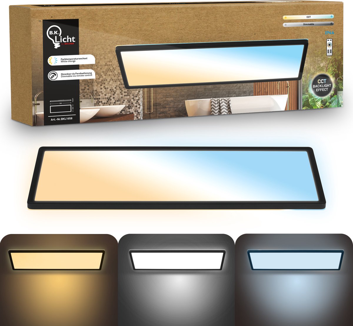B.K.licht superficiale - lampada da soffitto dimmerabile per bagno - lampada da soffitto con telecomando - illuminazione da bagno con CCT - ip44 - 58 x 20 cm - nero