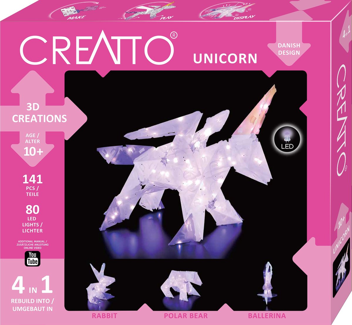 Kosmos creatto unicorn – paquete hobby – construye 4 figuras 3D iluminadas con LED – unicornio