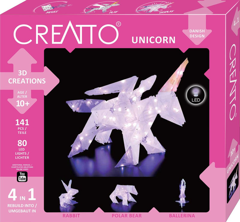 Kosmos creatto unicorn – paquete hobby – construye 4 figuras 3D iluminadas con LED – unicornio