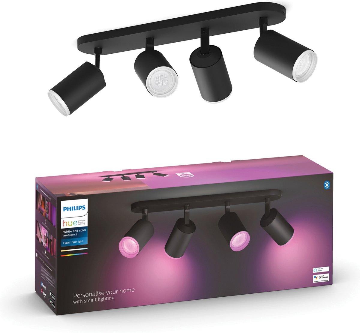Faretto da superficie Philips hue fugato - luce bianca e colorata - 4 faretti - nero