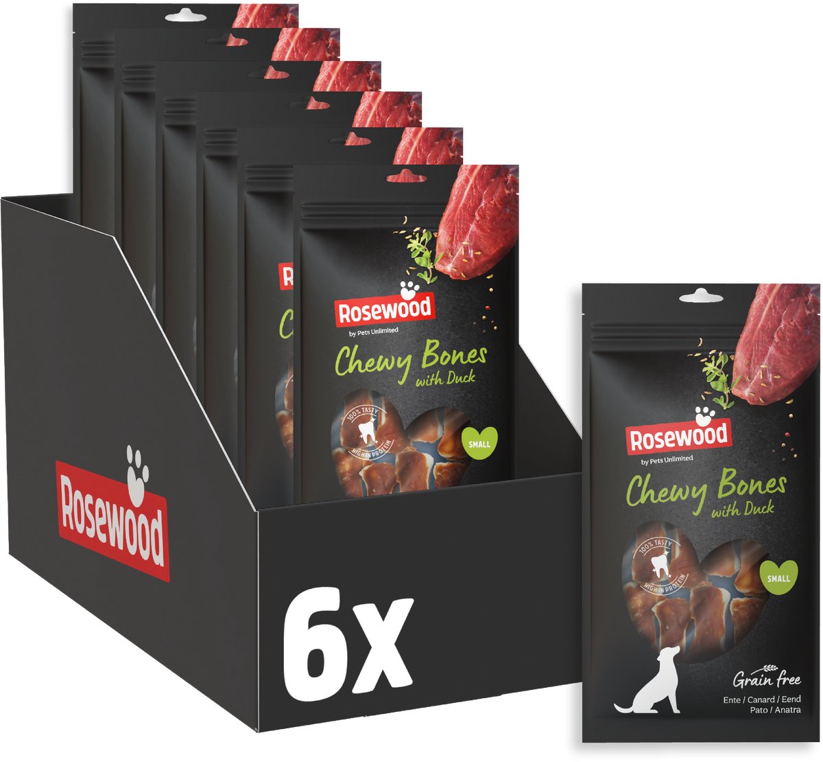 Huesos masticables de palisandro pato pequeño - huesos masticables para perros pequeños - con piel de pato - sin cereales - sin aditivos artificiales - 6 bolsas de 80g